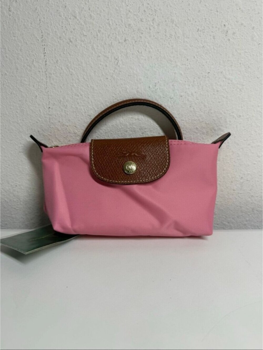 Longchamp Mini Le Pliage Nylon Guimauve Blush Pink Brown Top Handle Bag + Strap